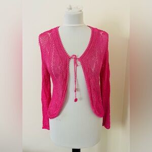 Deli Collection Women Crochet Cardigan S Pink Long Sleeves Beaded Bold Barbie